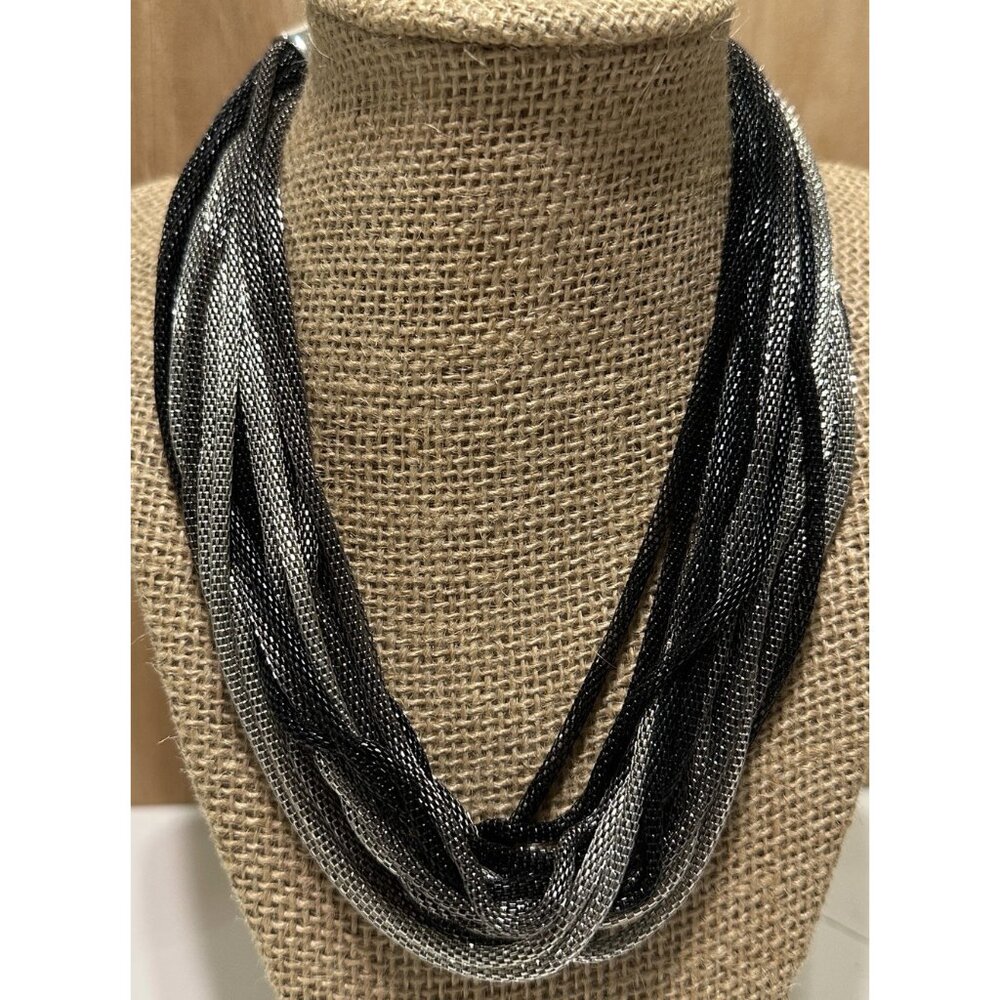 Black Silver Tone Metal Braided Tube Chain Collar Statement Necklace Glam 80s